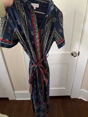 entro Navy Floral-Print Maxi Shirt Dress with Red Trim